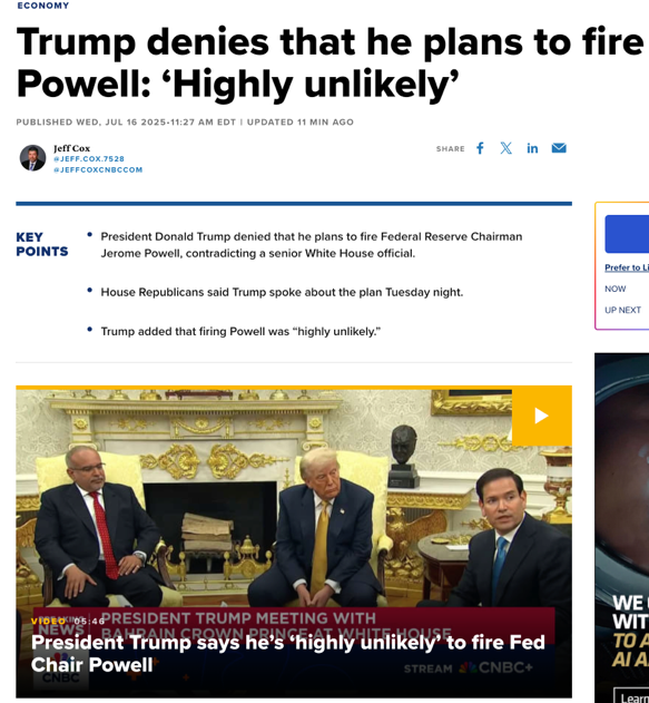 △美国消费者新闻与商业频道(CNBC)报道称,特朗普否认将解雇鲍威尔。