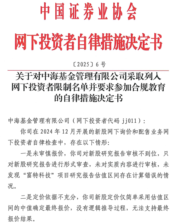 中海基金：上半年因违规被限制网下打新6个月，在管规模承压