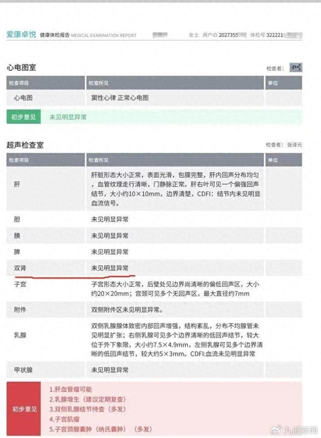 2022 年体检报告显示双肾未见异常（当事人供图）
