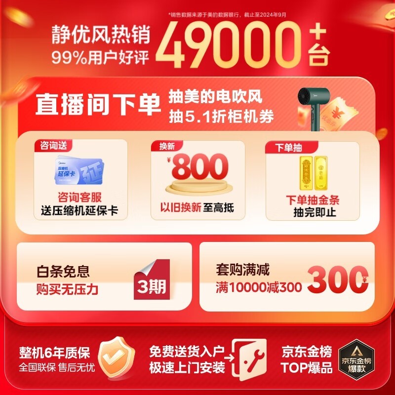 美的3匹静优风柜机空调，京东到手价4780元