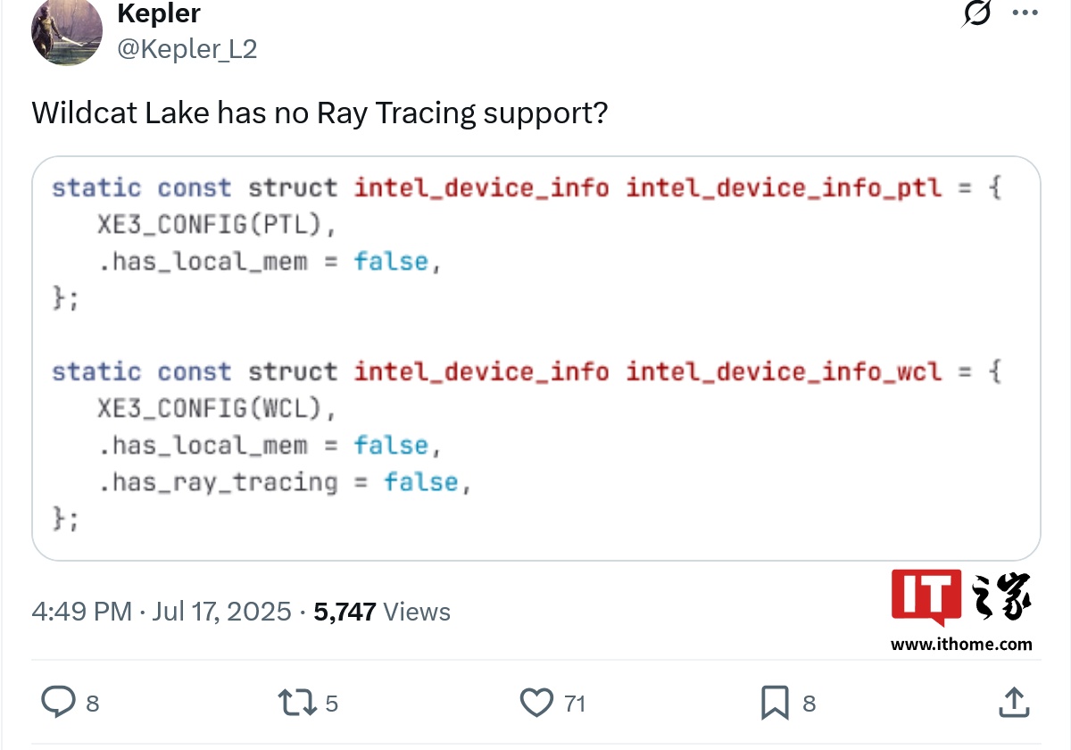 代码显示英特尔未来入门级移动平台 Wildcat Lake 核显不支持光线追踪