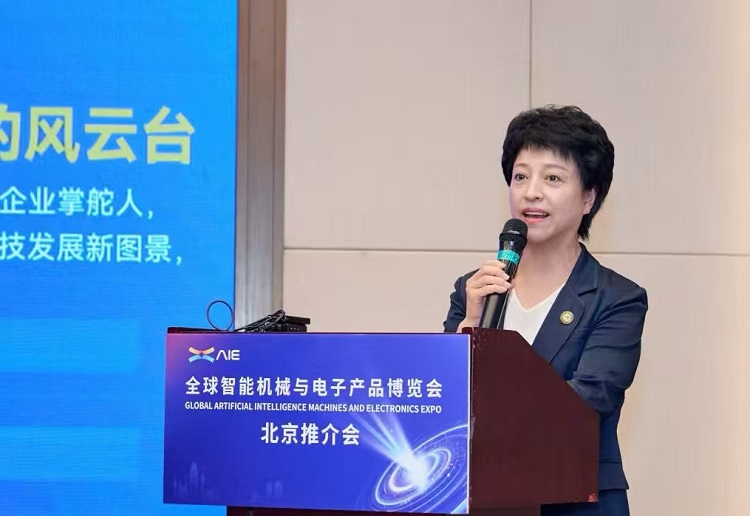 图为AIE组委会秘书长刘英在作推介