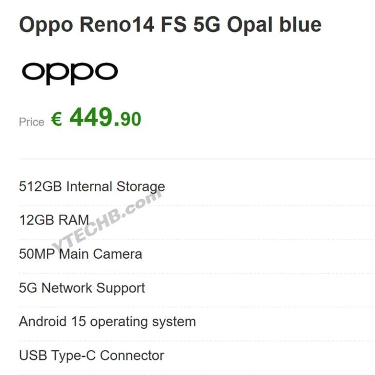 OPPO Reno14 FS 5G 手机曝光：5000 万主摄，12GB+512GB 组合售 450 欧元