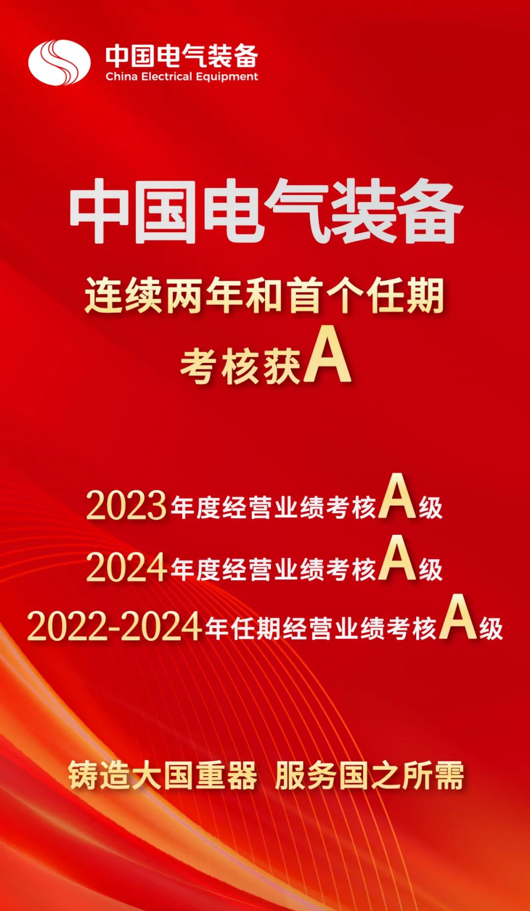 喜报！中国电气装备荣获2024年度和2022-2024年任期中央企业负责人经营业绩考核A级