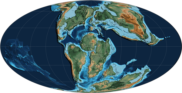 白垩纪早期（约1.05亿年前）的世界地图。图源：维基百科