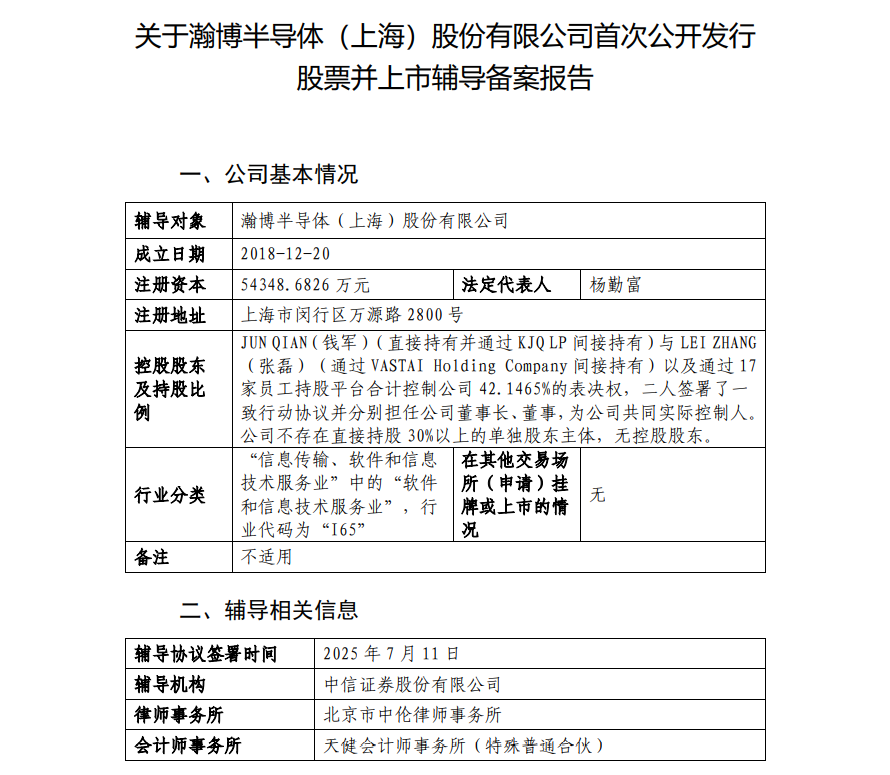 中国证监会官网显示，瀚博半导体（上海）股份有限公司已启动上市辅导，由中信证券担任辅导机构。