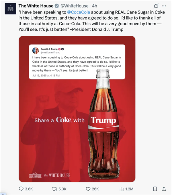 特朗普期望美国版的可口可乐使用可口可乐糖的