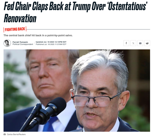 △《每日野兽》（The Daily Beast）报道，对白宫有关美联储大楼装修的指责，鲍威尔逐一驳回