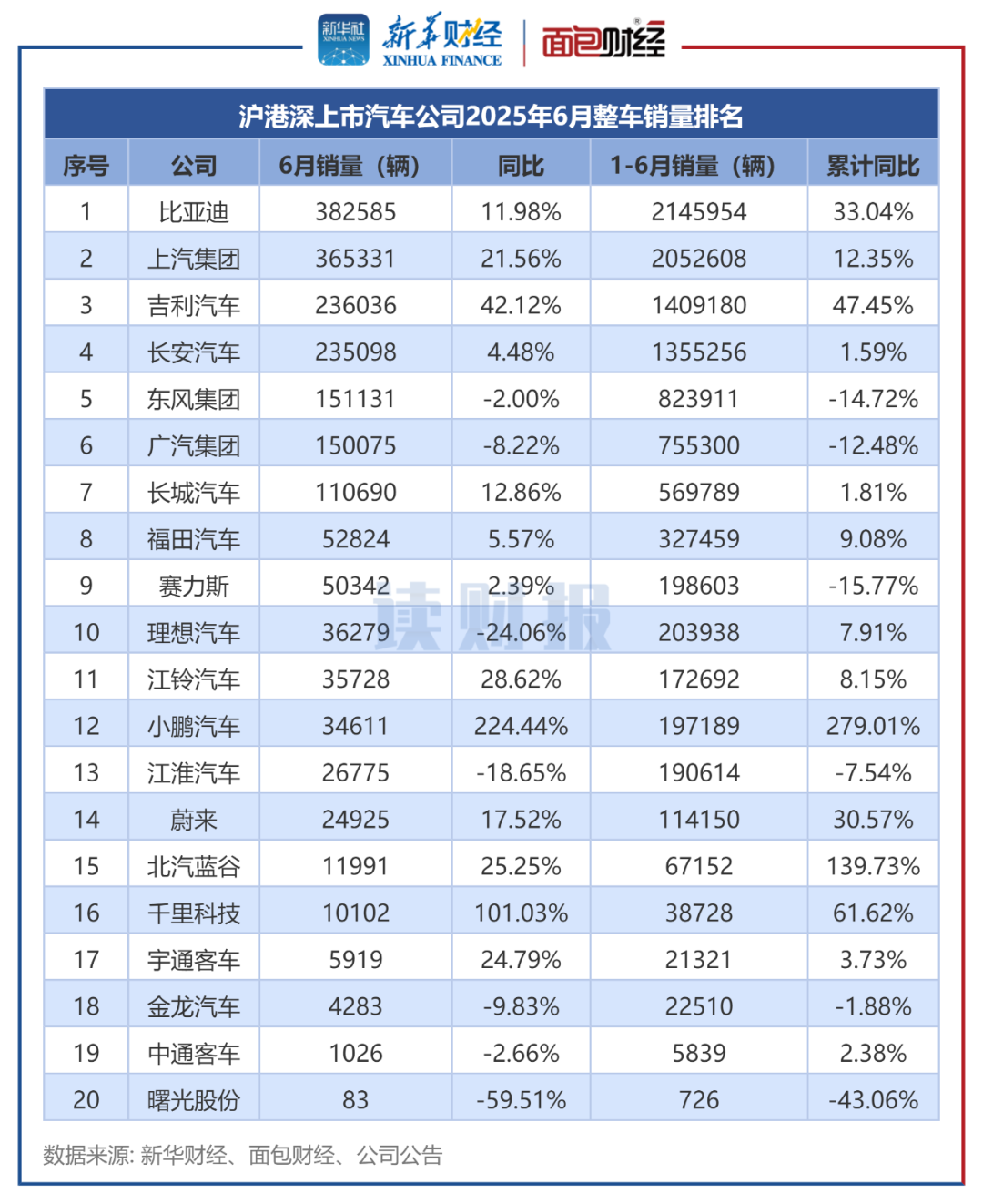 图2：沪港深上市汽车公司2025年6月整车销量排名