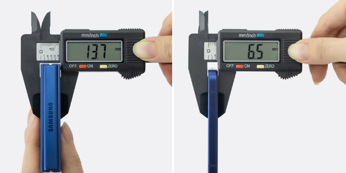 三星Galaxy Z Flip7机身比以往更加纤薄，折叠时的厚度为13.7毫米，展开后更是薄至6.5毫米