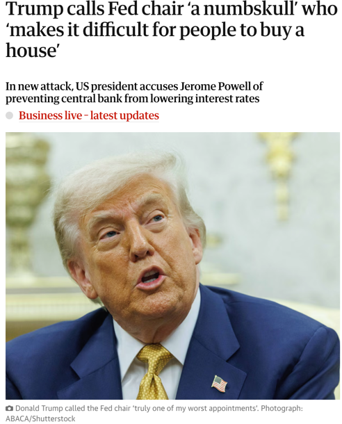 △《卫报》报道，特朗普批评鲍威尔是“傻瓜”，称任命鲍威尔是“我最糟糕的任命之一”