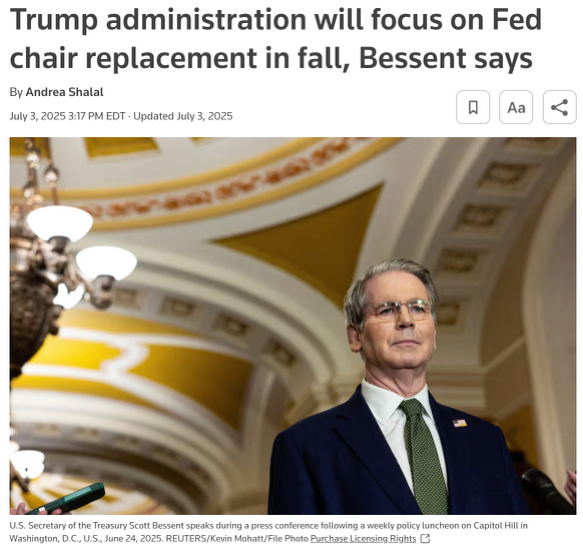 △路透社报道，财长贝森特表示，接下来会特别关注美联储的人事更替