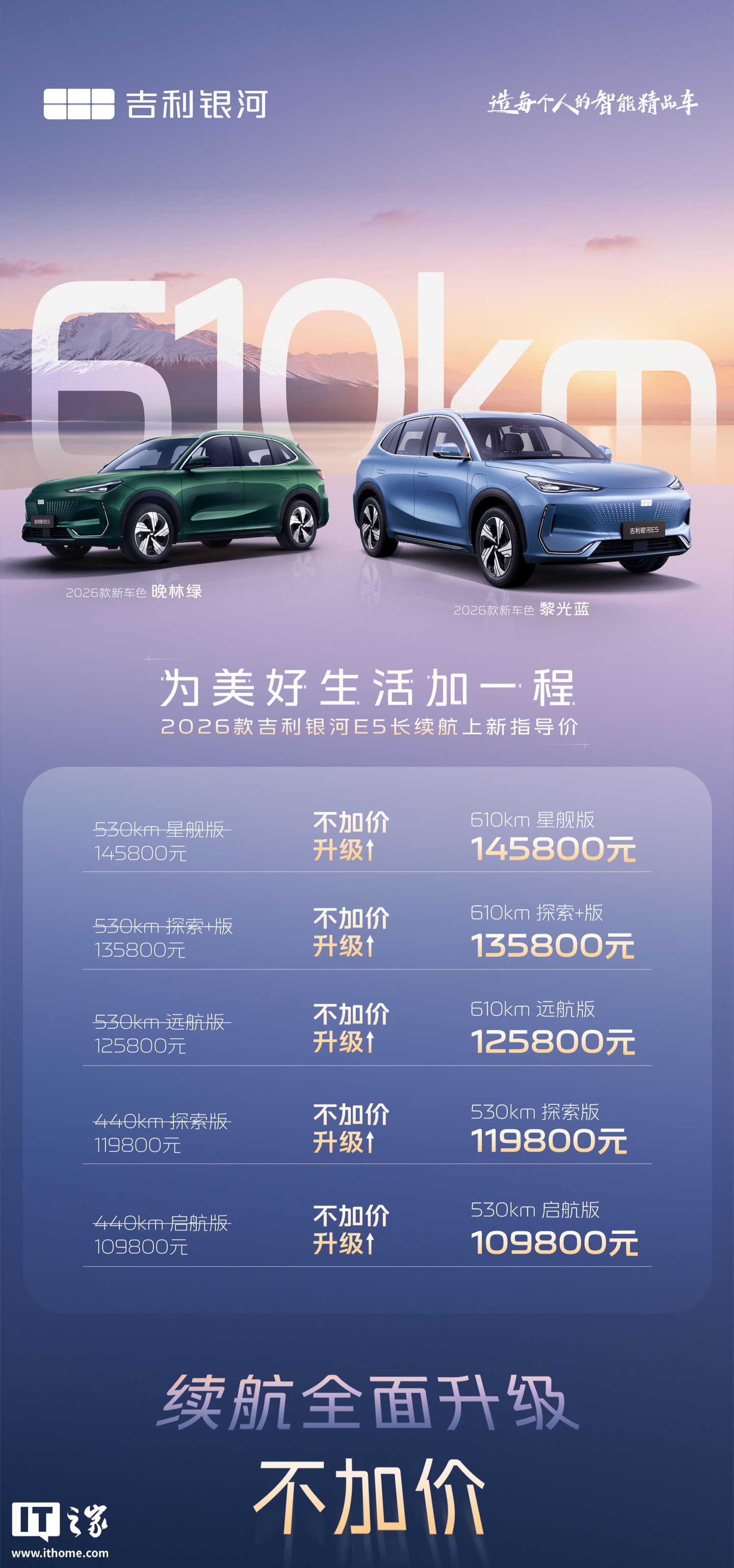 2026 款吉利银河 E5 上市：最大续航里程提升至 610km，售 10.98 万元起