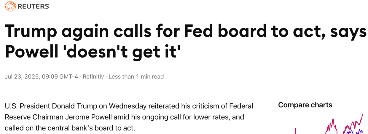 △路透社报道，特朗普总统再度抨击鲍威尔