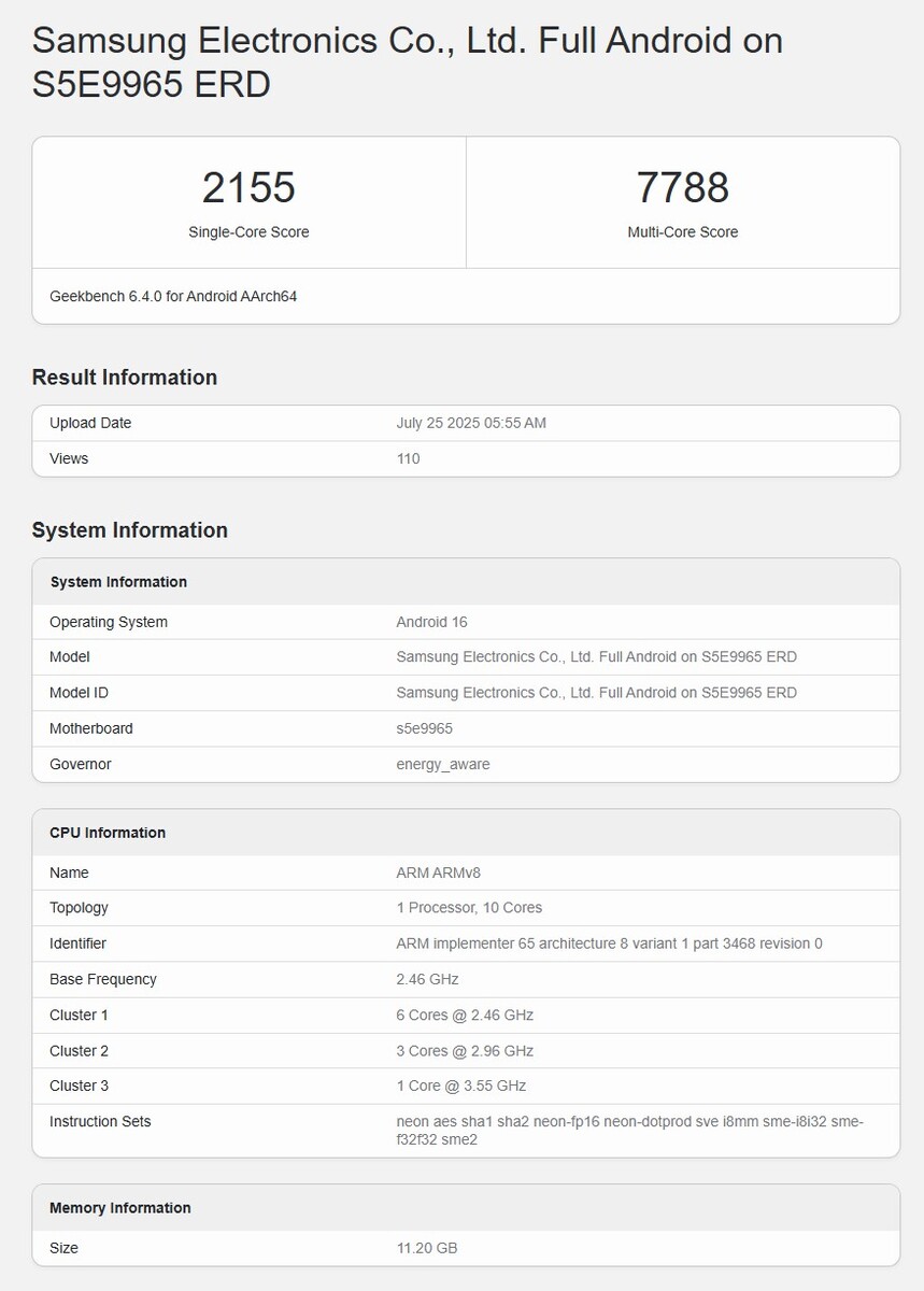 三星Exynos 2600旗舰处理器已达到执行分数平台: