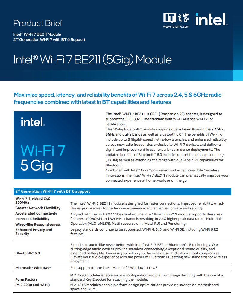 英特尔发布第二代 Wi-Fi 7 无线网卡 BE211（5Gig），支持蓝牙 6.0