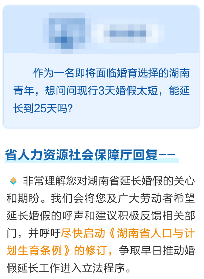 ▲湖南省人社厅就延长婚假问题的回复
