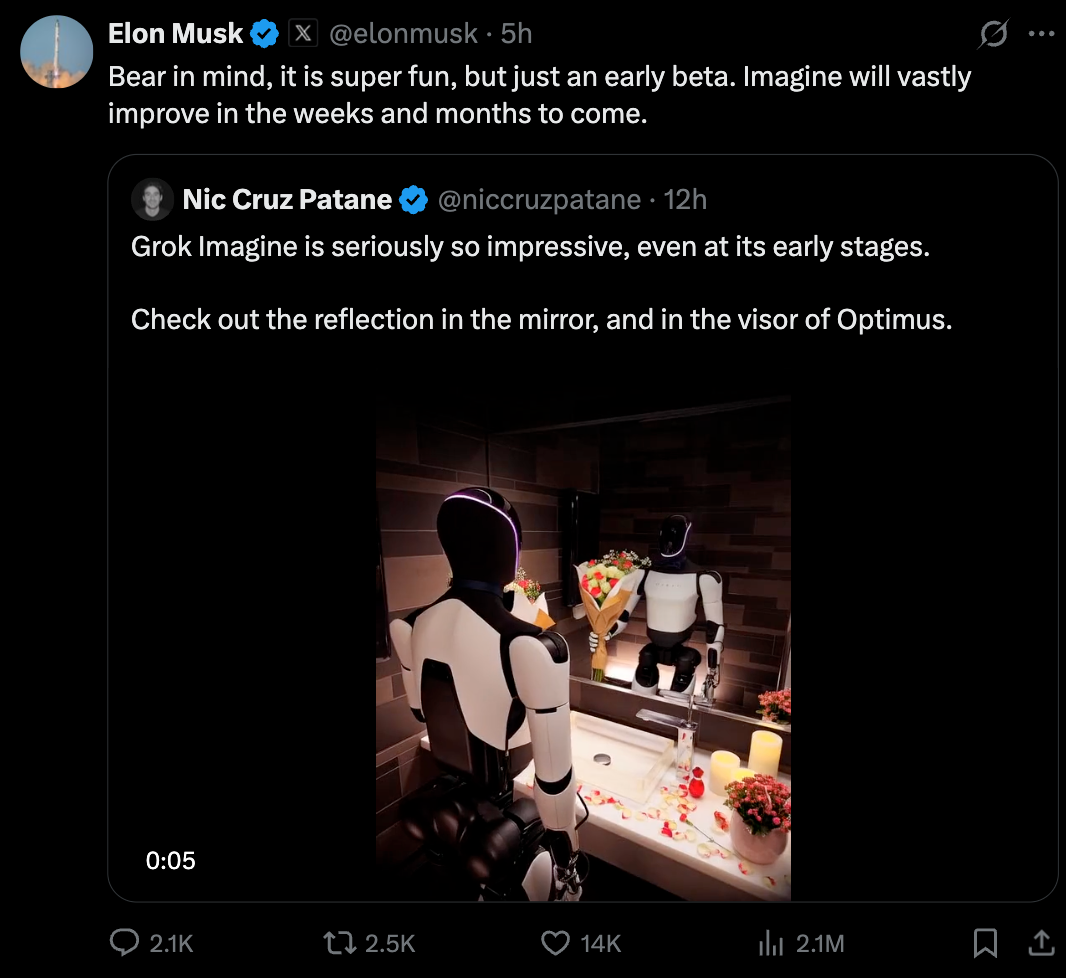 马斯克发帖称 Grok Imagine 还会继续改进｜图片来源：X