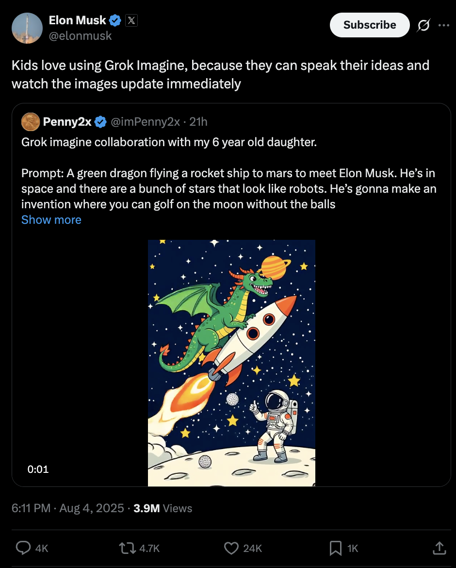 马斯克发帖称孩子们喜欢使用 Grok Imagine｜图片来源：X