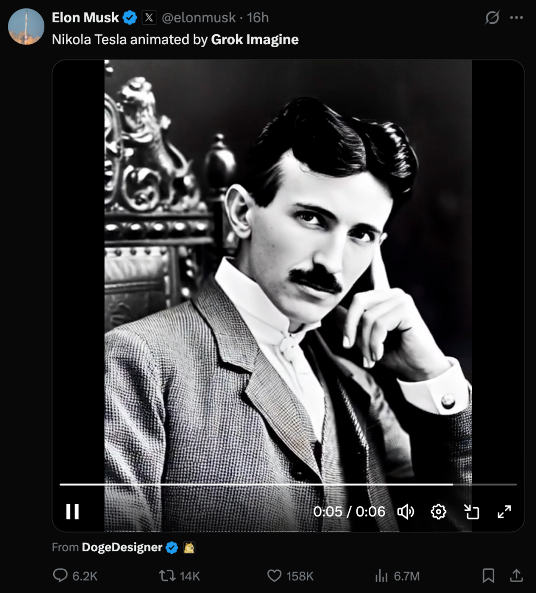 Grok Imagine 生成尼古拉·特斯拉动图｜图片来源：X