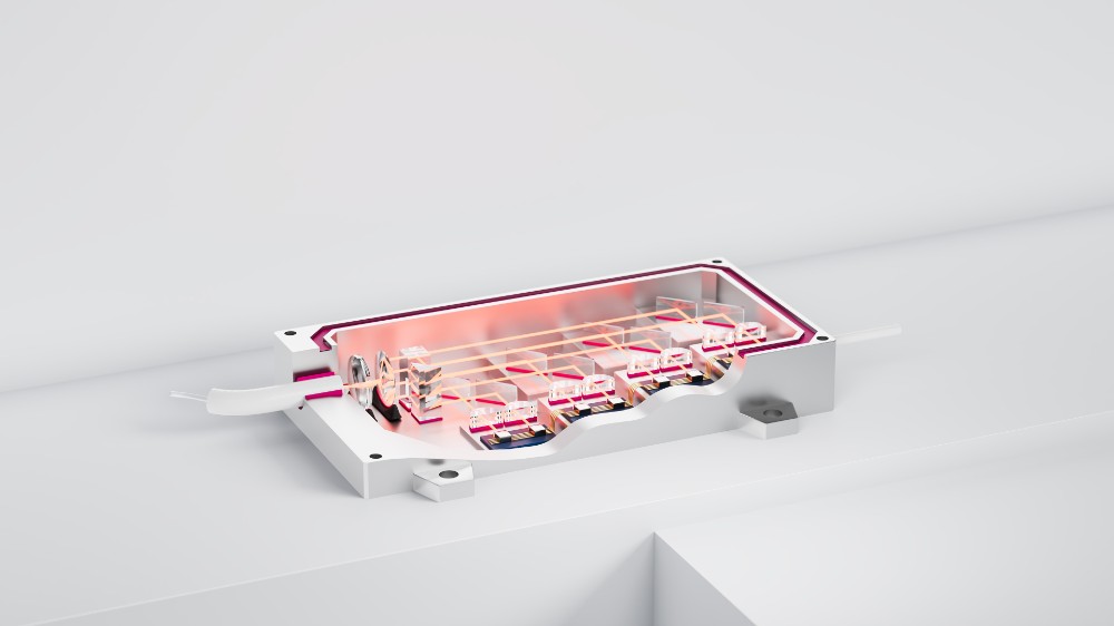 半导体激光器的泵浦源横截面图，粘合剂用洋红色标示以便于说明（图片：DELO）