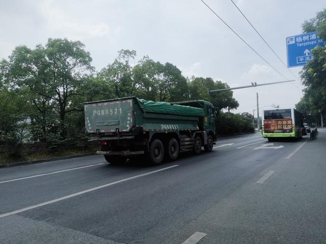軍工路上土方車往來頻繁，雙向車道間的隔離帶綠化高大，極易遮擋駕駛員視線。陳浩攝