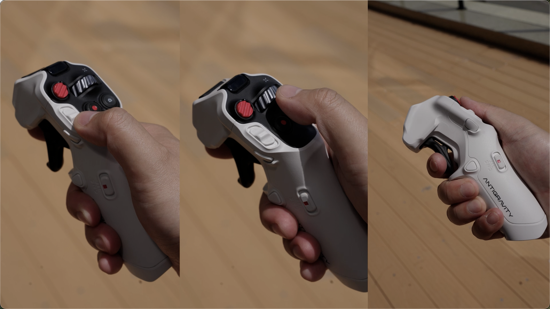 Grip 体感遥控器还提供三组实体按键：（从左至右）分别对应起降、调整左右方向、加速 | 图片来源：极客公园