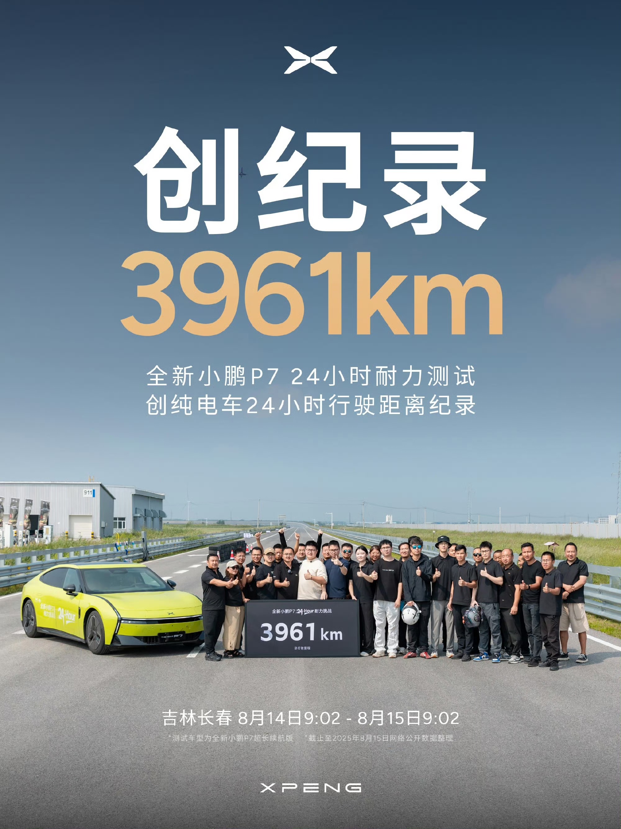 超过小米 YU7 的 3944km，何小鹏宣布全新小鹏 P7 在 24 小时测试中跑了 3961km