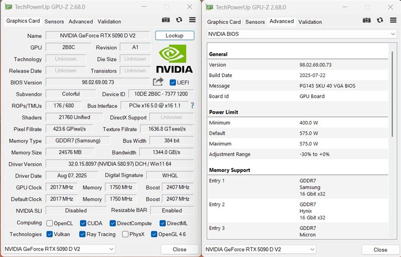 iGame GeForce RTX 5090 D v2 Vulcan OC 24GB GPU-Z截图