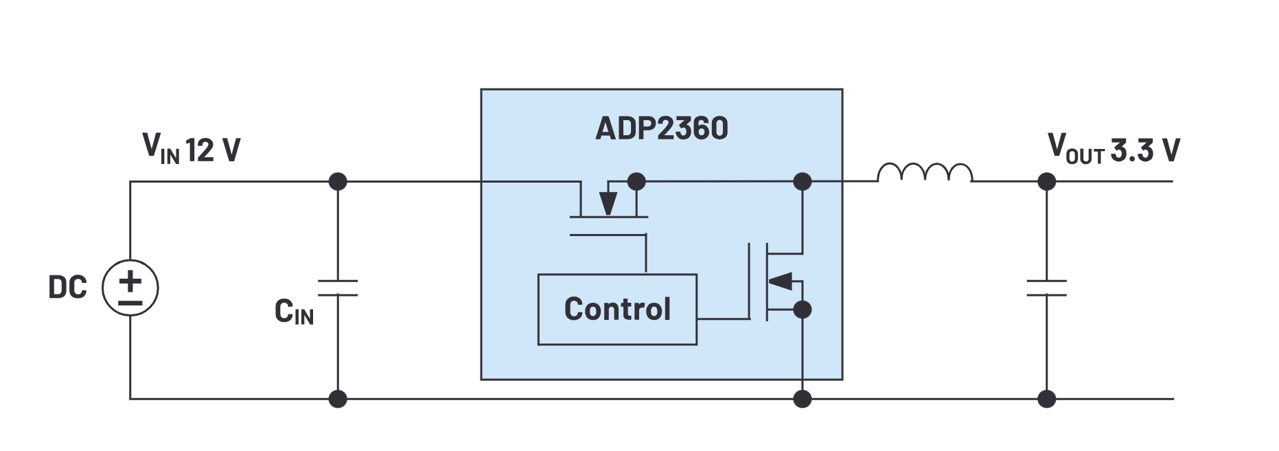 图1. 与系统直流电压源一起显示的降压型开关稳压器。