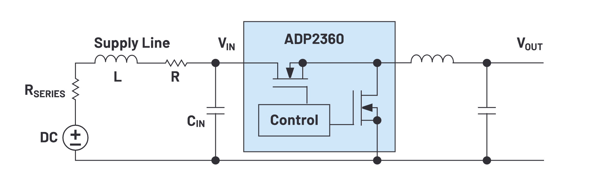图2. 图1中的电路，但显示了电源线寄生元件和电压源。