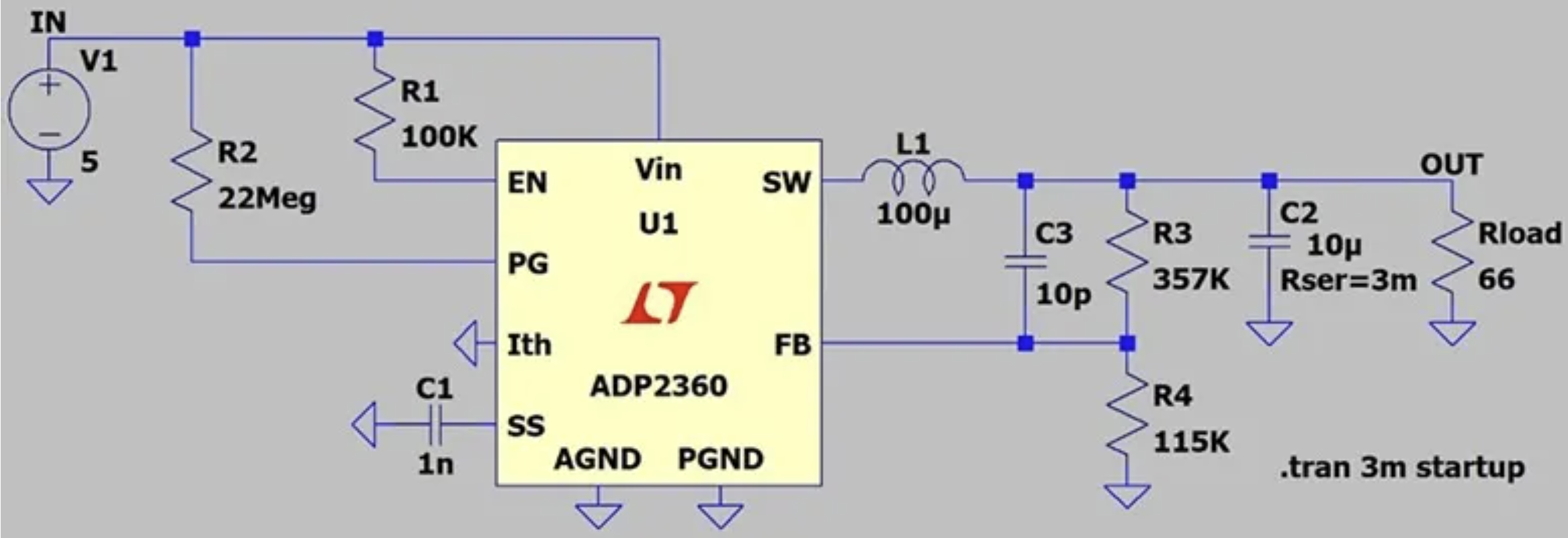 图3. 使用LTspice进行的仿真，用于检查开关稳压器输入电压的行为。