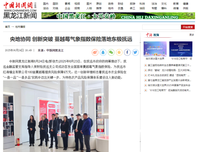 ▲《中国新闻网》关注全国首单蔓越莓气象指数保险落地。