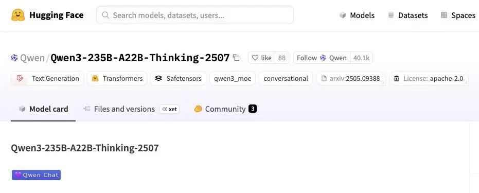 　　▲Qwen3-235B-A22B-Thinking-2507开源页面截图来源：智东西