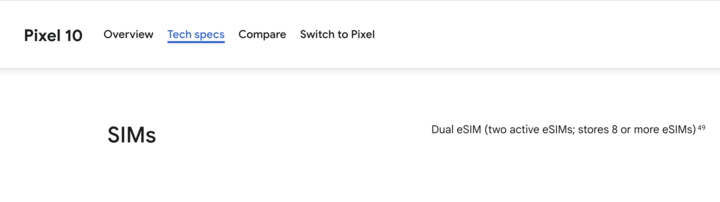 美国区域 Pixel 10 商店页面，显示仅支持双 eSIM｜Google