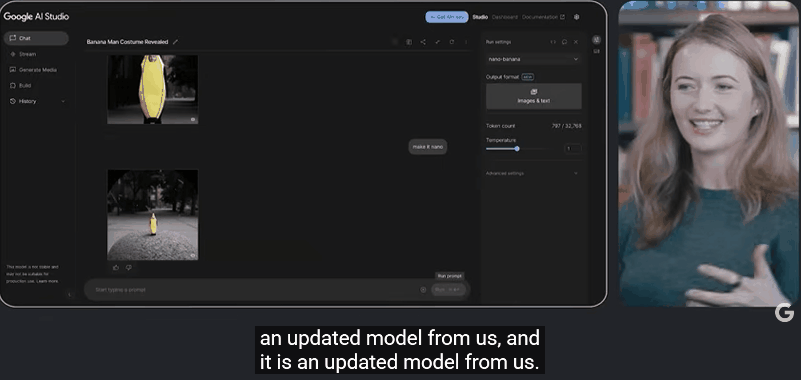 当提示「让它变成纳米（Nano）」时，模型居然生成了 Logan 的「迷你 Q 版」形象，依旧保持了香蕉服的设定。