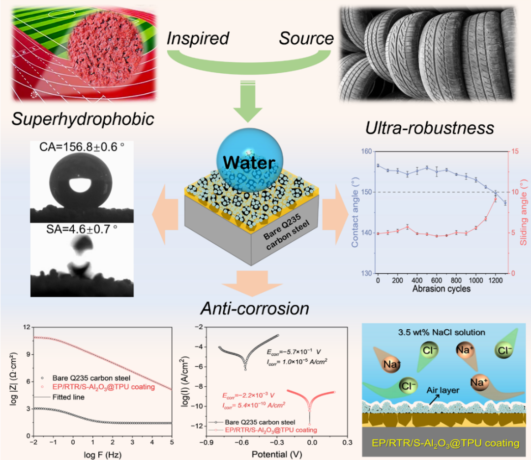 ▲ 基于废旧轮胎橡胶颗粒构建高稳定性超疏水防腐涂层的研究摘要图