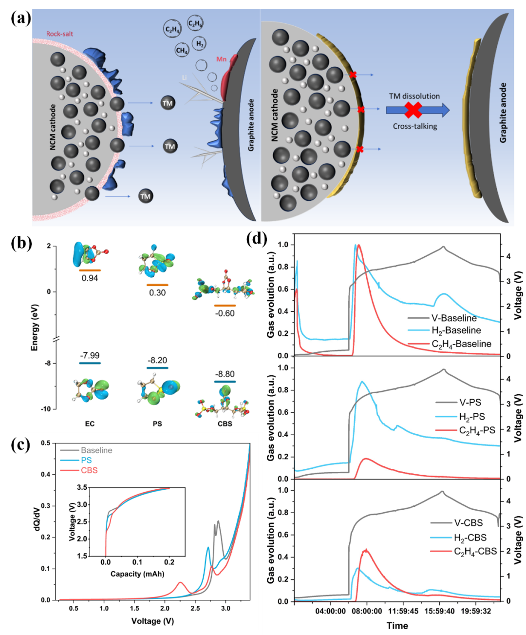 图1：a) 电池中CBS作用机理示意图；