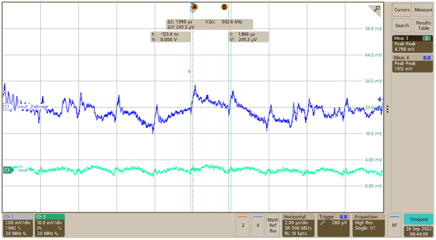 图2 具有和不具有额外第二级滤波器的TPS56121输出电压纹波