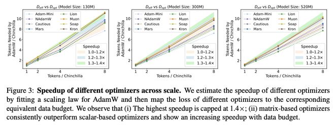 在图3中，显示了跨尺度的不同优化器加速。