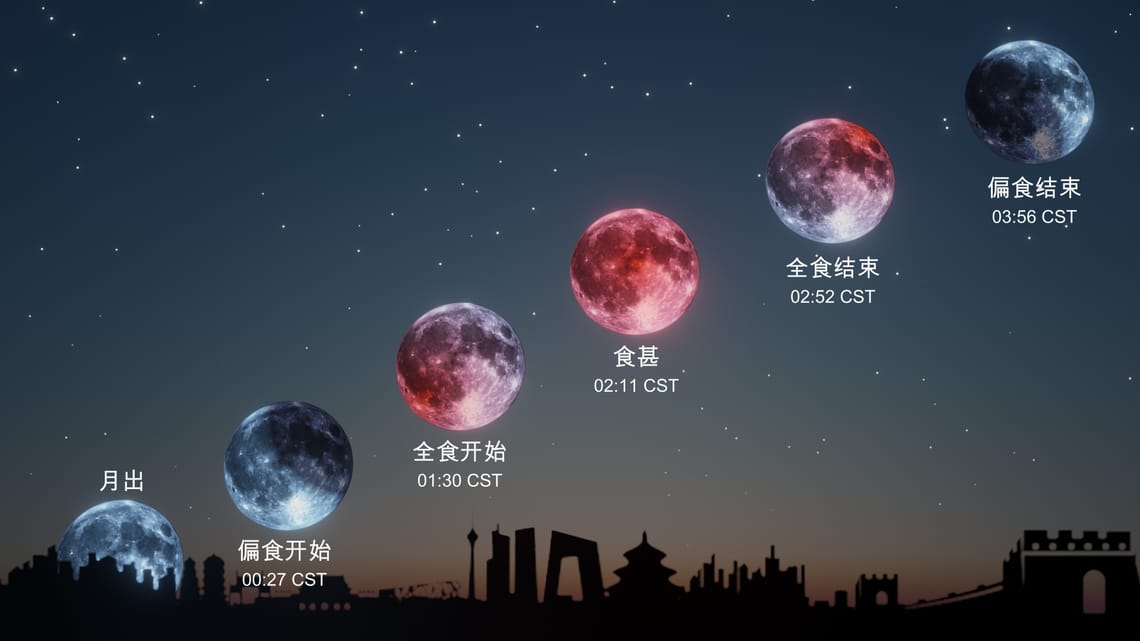 血月奇观：我国今年境内唯一全程肉眼可见的月全食明日凌晨“上演”，地球把月亮染红 82 分钟