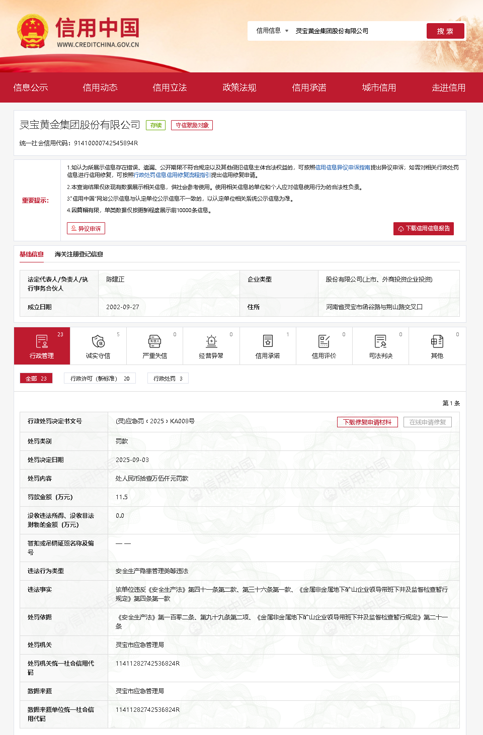 灵宝黄金再次因安全问题被罚