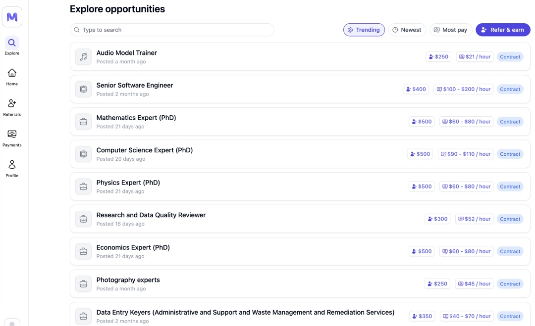 Mercor 平台上各种专家数据标注职位 ｜图片来源：Mercor