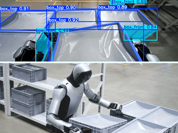 Prompt:「Move the material box onto the pile of boxes next to it.」