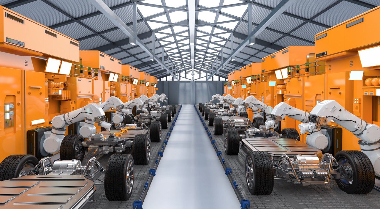 自动化汽车厂用机器人装配线制造电动汽车 图源:图虫创意