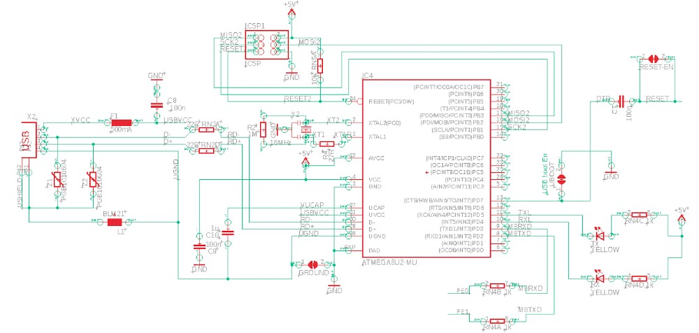 该图显示了 Arduino MEGA 2560 参考设计原理图的一个小部分。