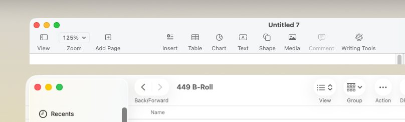 这不仅仅是液态玻璃有更多的圆角。请注意 Pages 中的平面工具（顶部）和 Finder 中更突出的工具（底部）