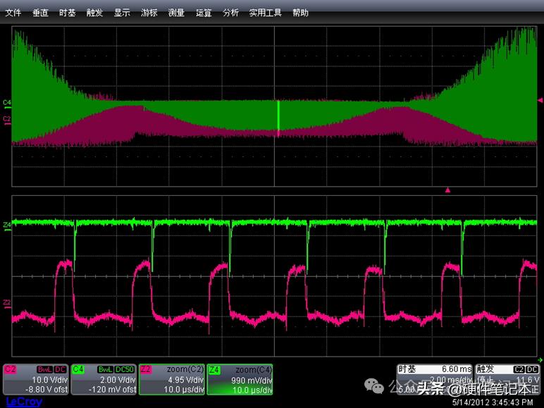 图22 使用二极管钳位，二极管上的电流波形(绿色通道)，红色通道为驱动波形，53.5V 37.4A 2A/div