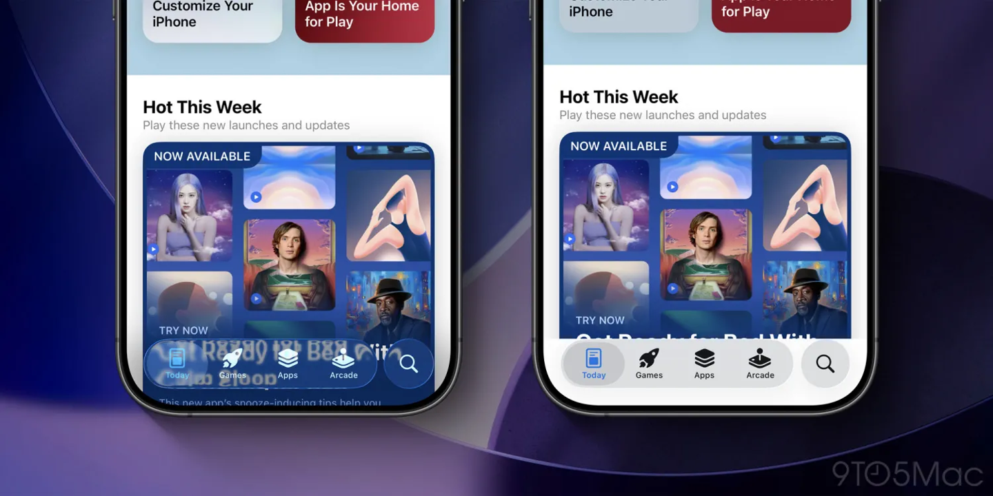 左：默认设置的 iOS 26，右：启用了“降低透明度”的 iOS 26