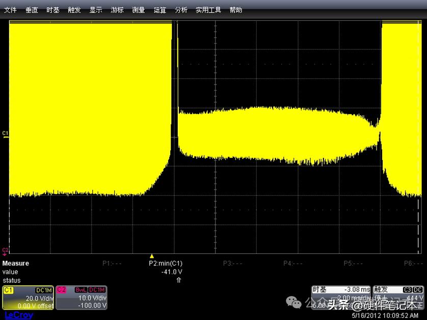 图16 VS-COM的电压波形，53.5V 37.4A，未加钳位二极管吸收